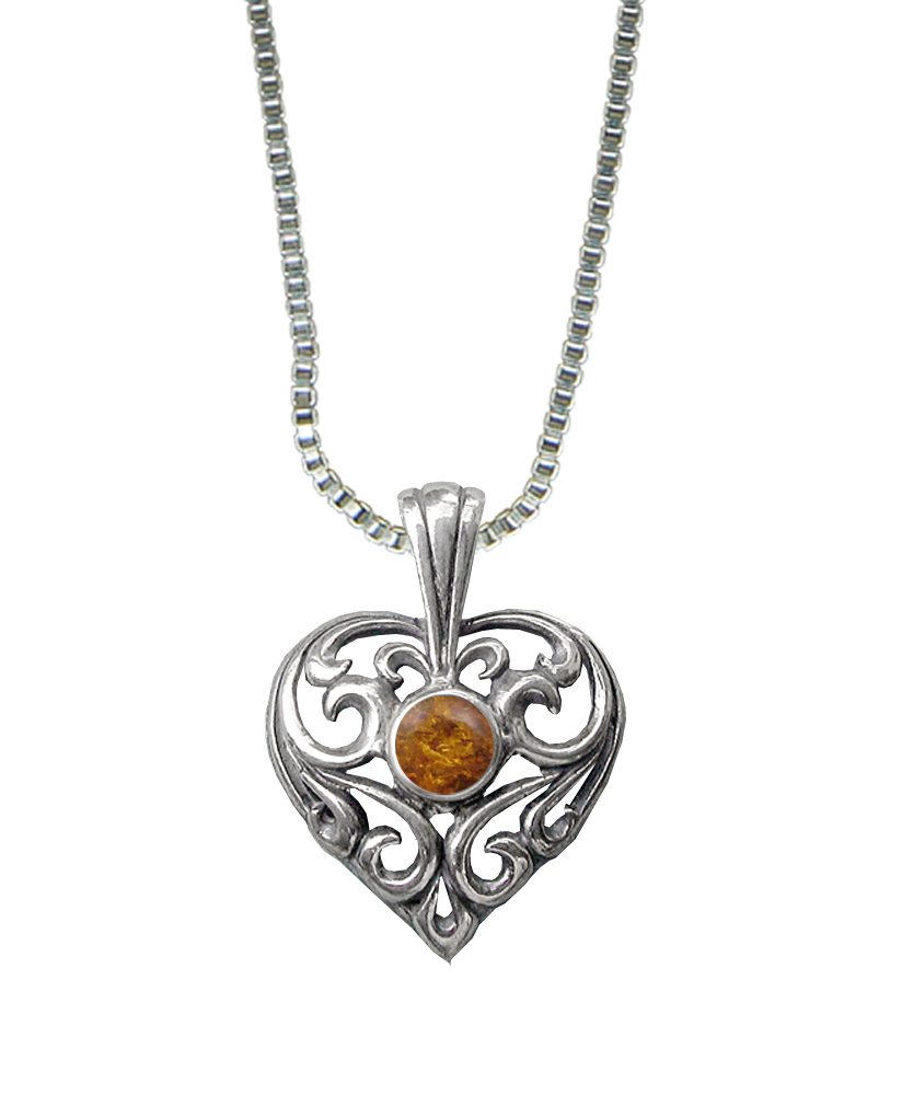 Sterling Silver Exceptional Filigree Heart Pendant With Amber